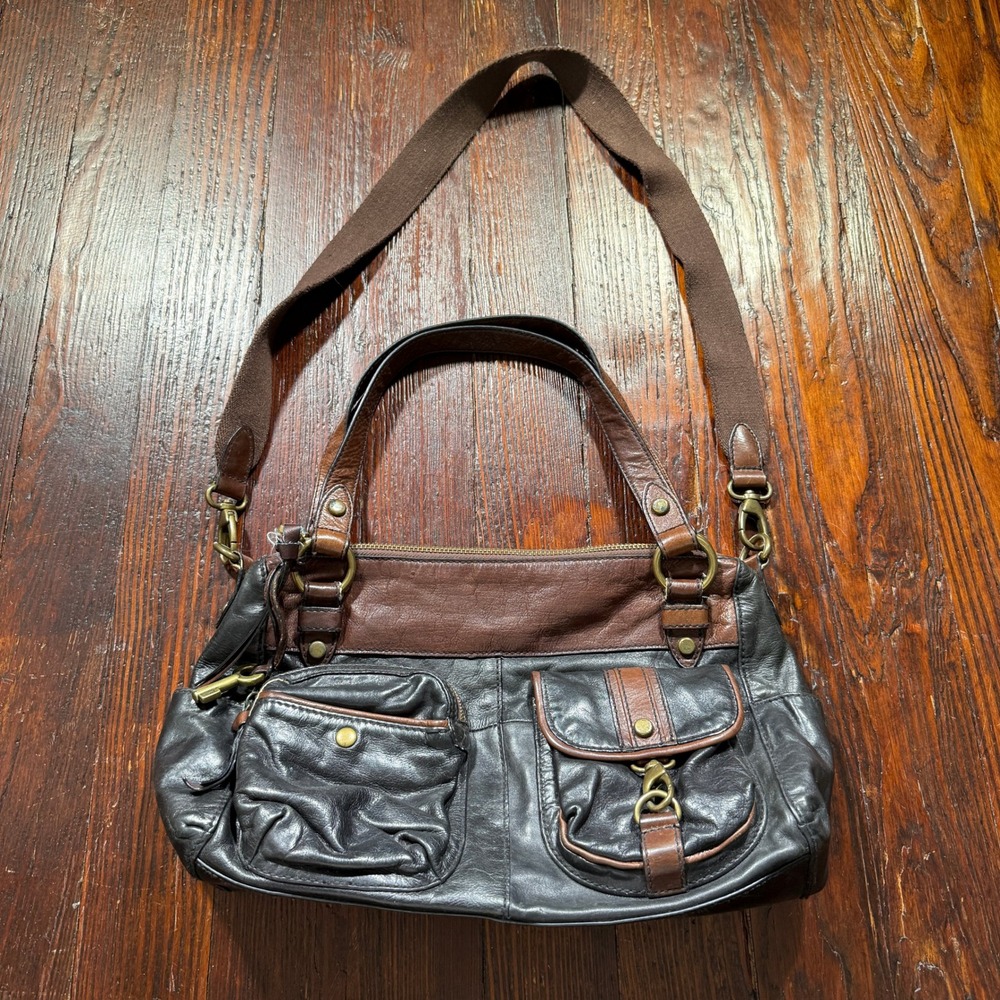 Fossil Long Live Vintage Crossbody Bag Purse Black Brown Leather Satchel Charm
